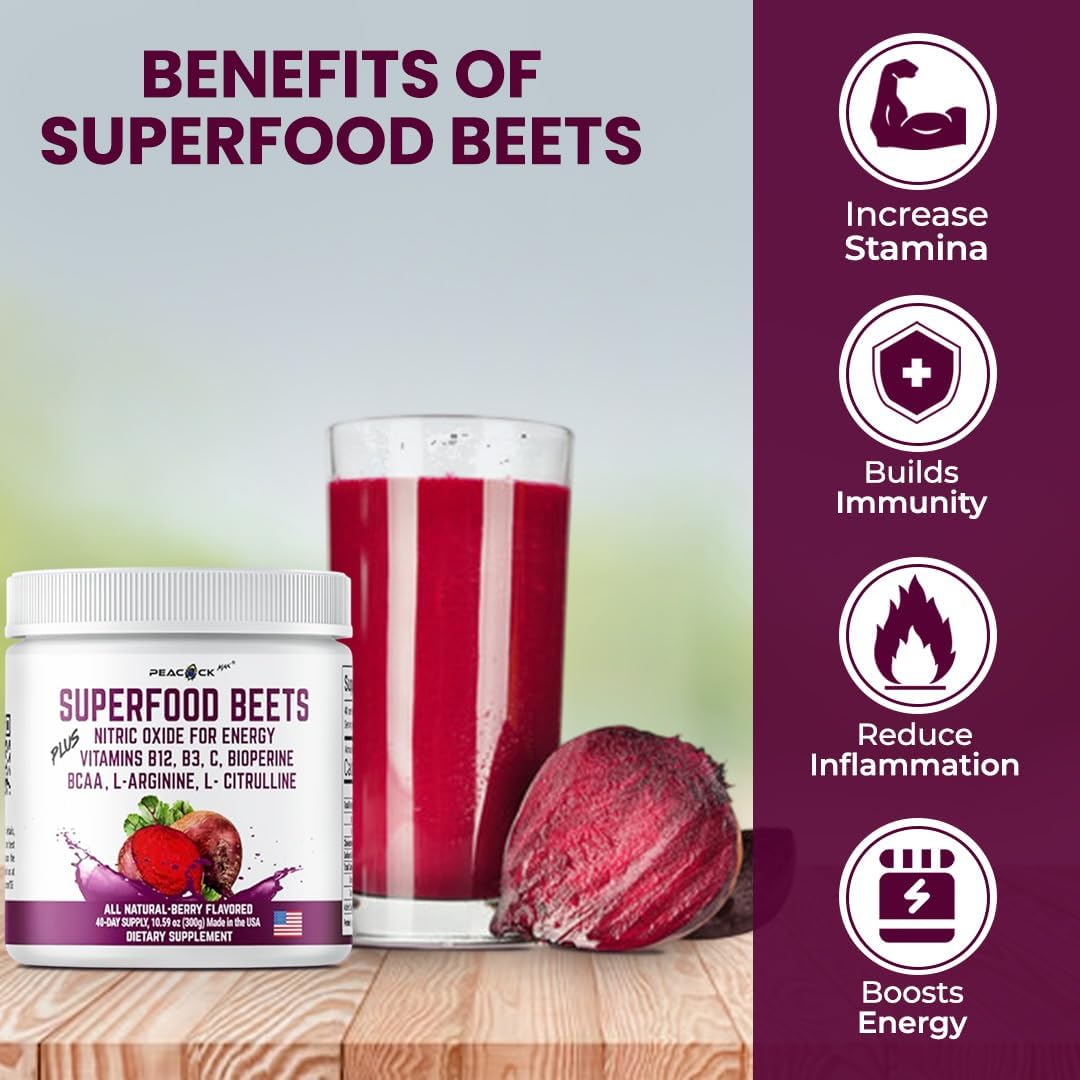 Berry Flavored Peacock Max Beet Root Powder - 10.59 oz (Pack of 3) - Nitric Oxide Superfood with Green Tea Extract, BCAA, L-Arginine, L-Citrulline for Heart Health & Circulation - Non-GMO