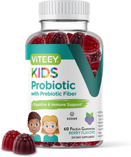Berry Flavored Probiotic Gummies for Kids with Prebiotics Fiber - 2 Billion CFUs - Digestive Health and Constipation Relief Support - Vegan and Gelatin-Free