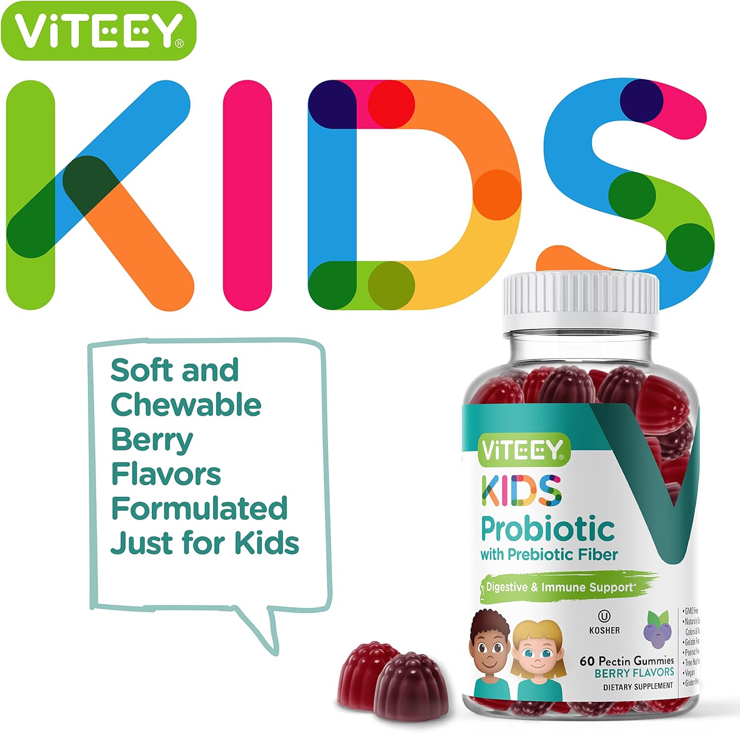 Berry Flavored Probiotic Gummies for Kids with Prebiotics Fiber - 2 Billion CFUs - Digestive Health and Constipation Relief Support - Vegan and Gelatin-Free