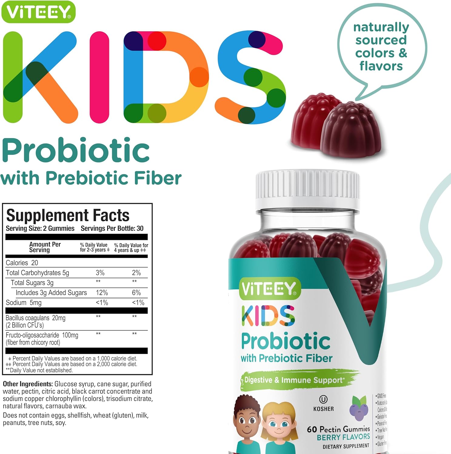 Berry Flavored Probiotic Gummies for Kids with Prebiotics Fiber - 2 Billion CFUs - Digestive Health and Constipation Relief Support - Vegan and Gelatin-Free