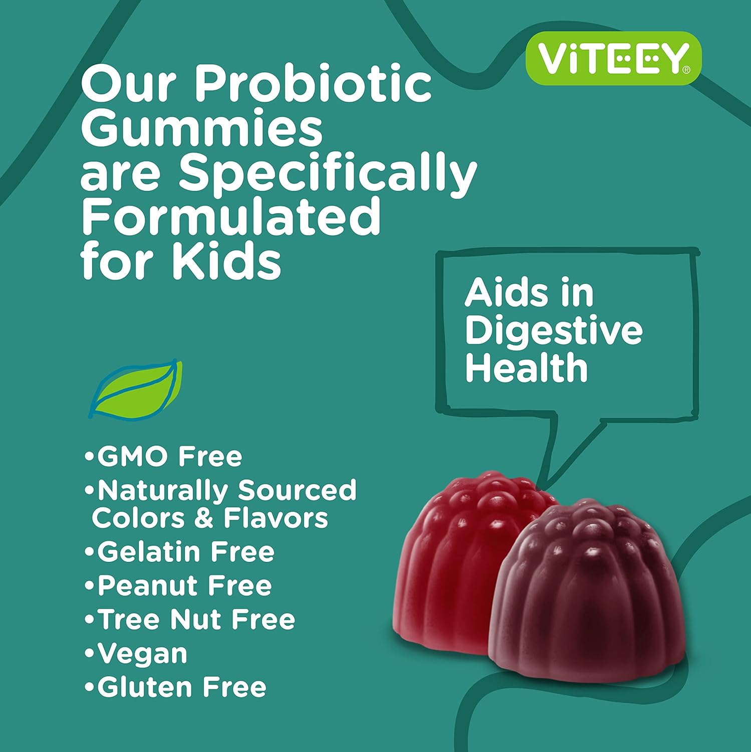 Berry Flavored Probiotic Gummies for Kids with Prebiotics Fiber - 2 Billion CFUs - Digestive Health and Constipation Relief Support - Vegan and Gelatin-Free