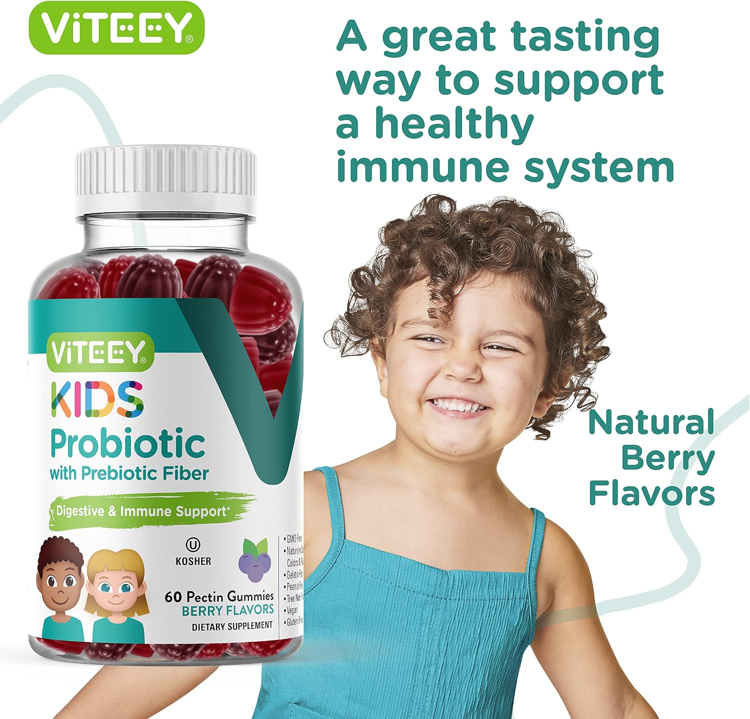 Berry Flavored Probiotic Gummies for Kids with Prebiotics Fiber - 2 Billion CFUs - Digestive Health and Constipation Relief Support - Vegan and Gelatin-Free