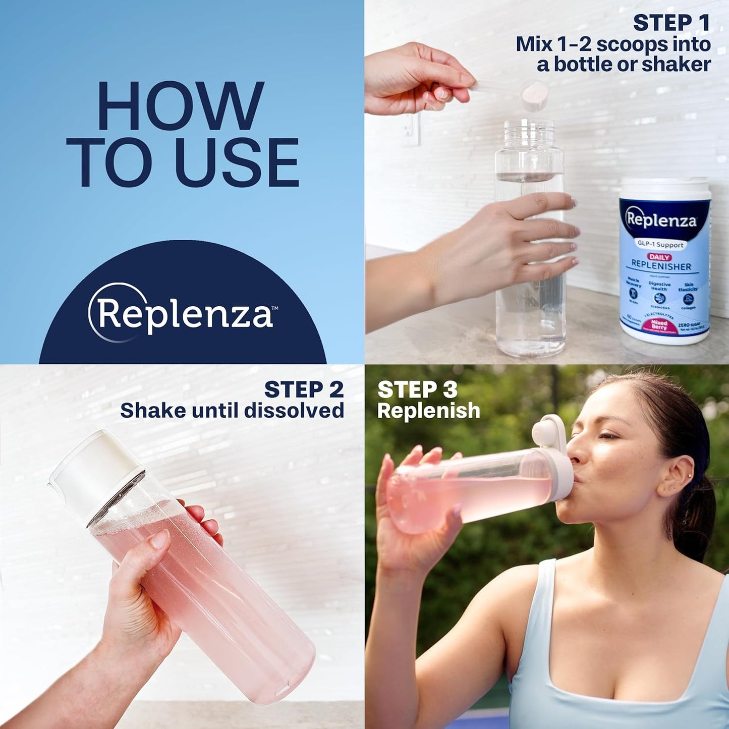 Berry Flavored Replenza Daily Replenisher Powder - Supports Muscle Recovery, Digestive Health, and Skin Elasticity with Amino Acids, Prebiotics, and Collagen Peptides - 60 Scoops, 13.5 OZ