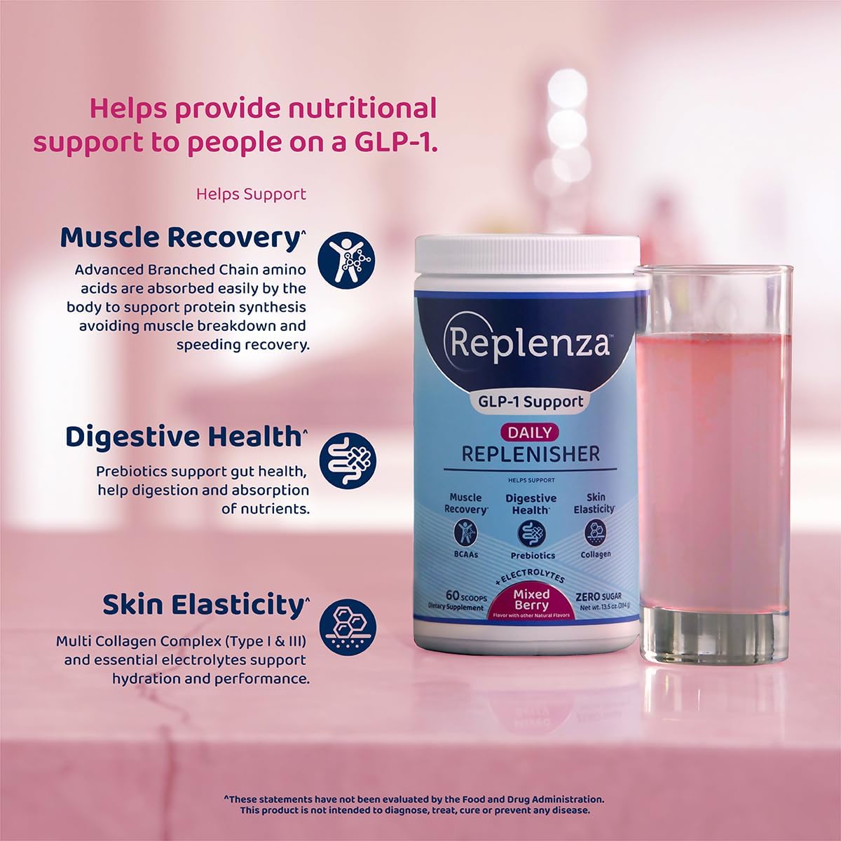 Berry Flavored Replenza Daily Replenisher Powder - Supports Muscle Recovery, Digestive Health, and Skin Elasticity with Amino Acids, Prebiotics, and Collagen Peptides - 60 Scoops, 13.5 OZ