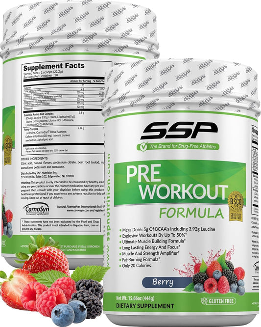 Berry Flavored SSP Pre Workout Powder with High BCAA and Electrolytes for Men and Women - BSCG Certified Fitness and Endurance Supplement for Performance and Focus