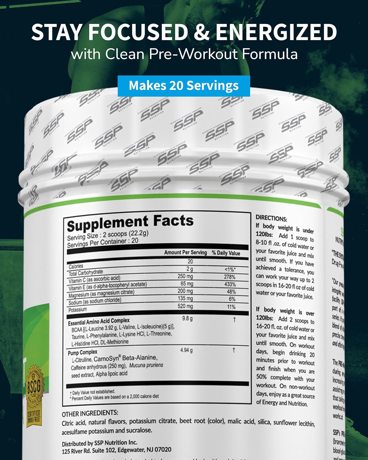 Berry Flavored SSP Pre Workout Powder with High BCAA and Electrolytes for Men and Women - BSCG Certified Fitness and Endurance Supplement for Performance and Focus