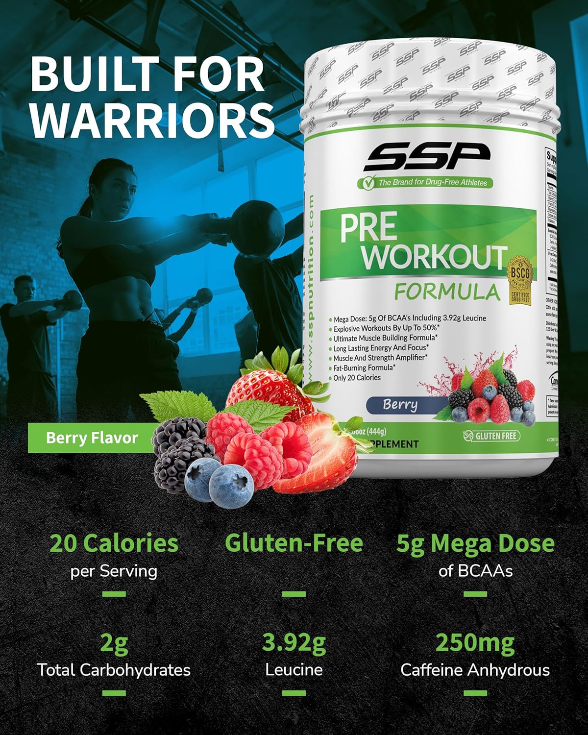 Berry Flavored SSP Pre Workout Powder with High BCAA and Electrolytes for Men and Women - BSCG Certified Fitness and Endurance Supplement for Performance and Focus