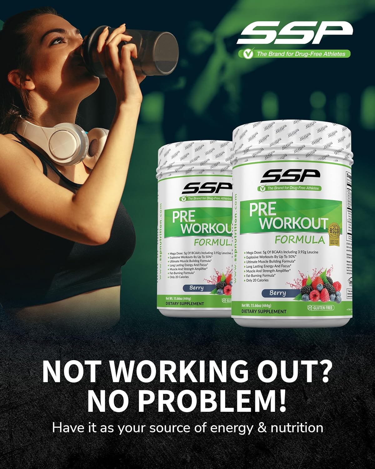 Berry Flavored SSP Pre Workout Powder with High BCAA and Electrolytes for Men and Women - BSCG Certified Fitness and Endurance Supplement for Performance and Focus