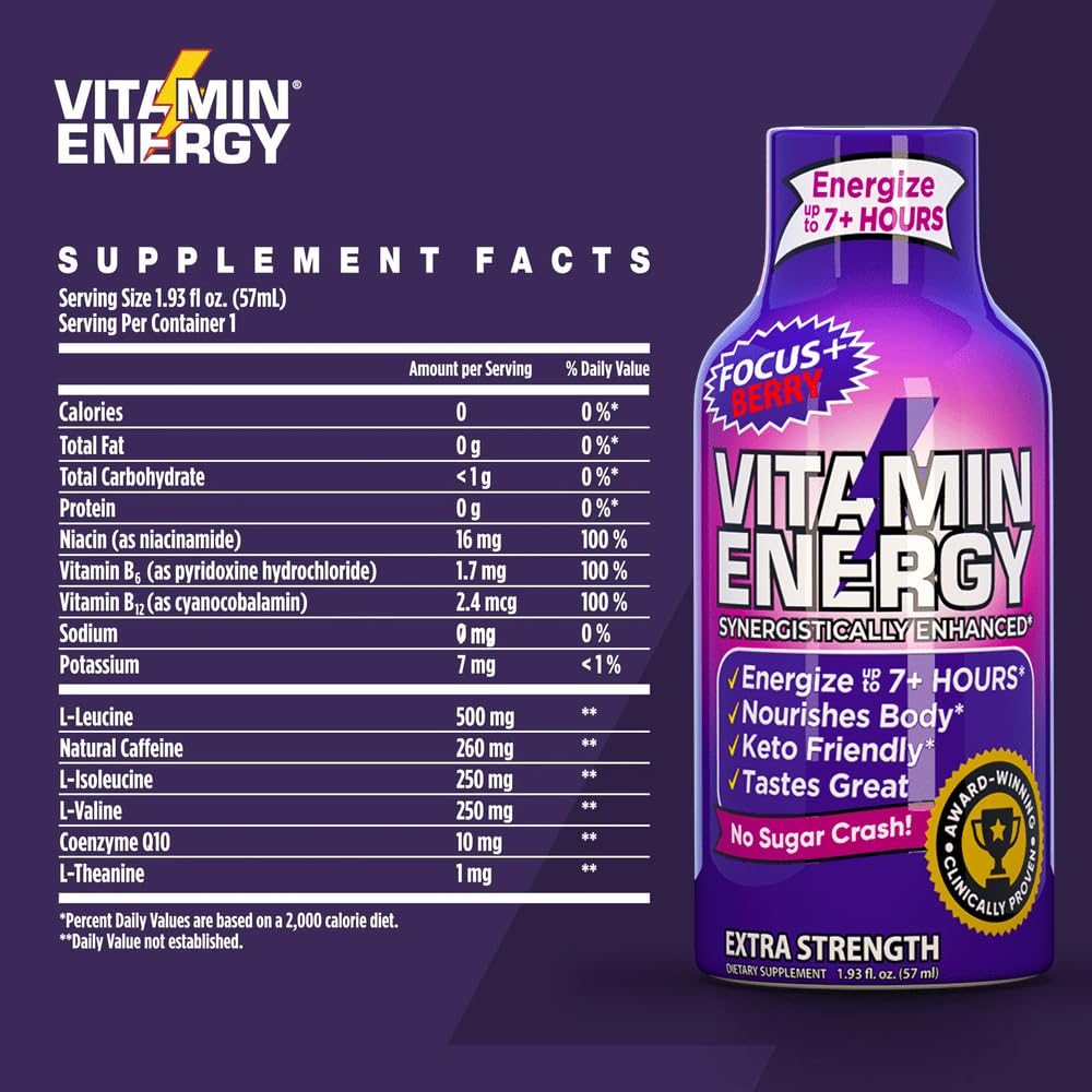 Berry Flavored Vitamin Energy Focus Shots - Natural, Sugar-Free, and Carb-Free Energy Drink with Vitamins B6, B12, Niacin, L-Theanine, and CoQ10 - 1.93 fl oz, 12 Ct - Energize for 7+ Hrs