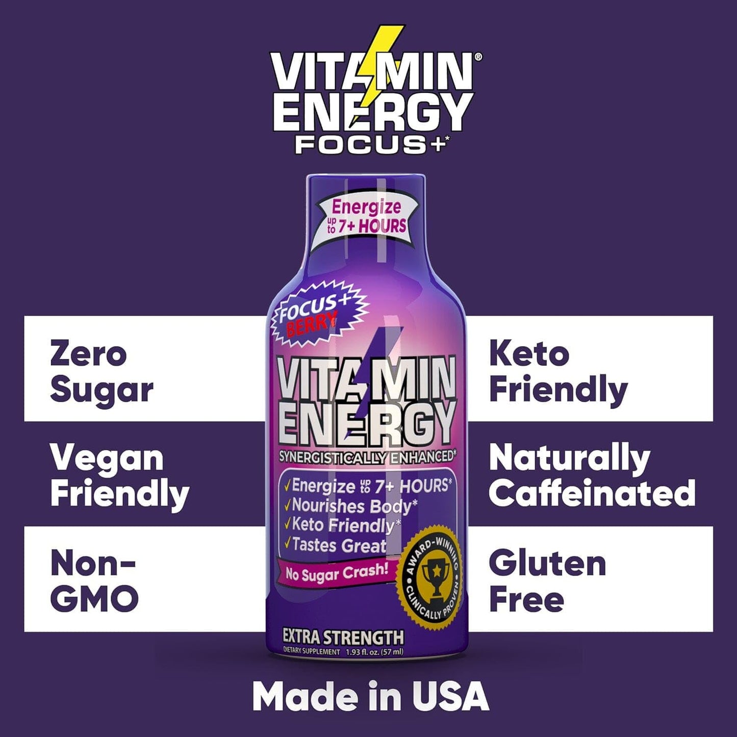 Berry Flavored Vitamin Energy Focus Shots - Natural, Sugar-Free, and Carb-Free Energy Drink with Vitamins B6, B12, Niacin, L-Theanine, and CoQ10 - 1.93 fl oz, 12 Ct - Energize for 7+ Hrs