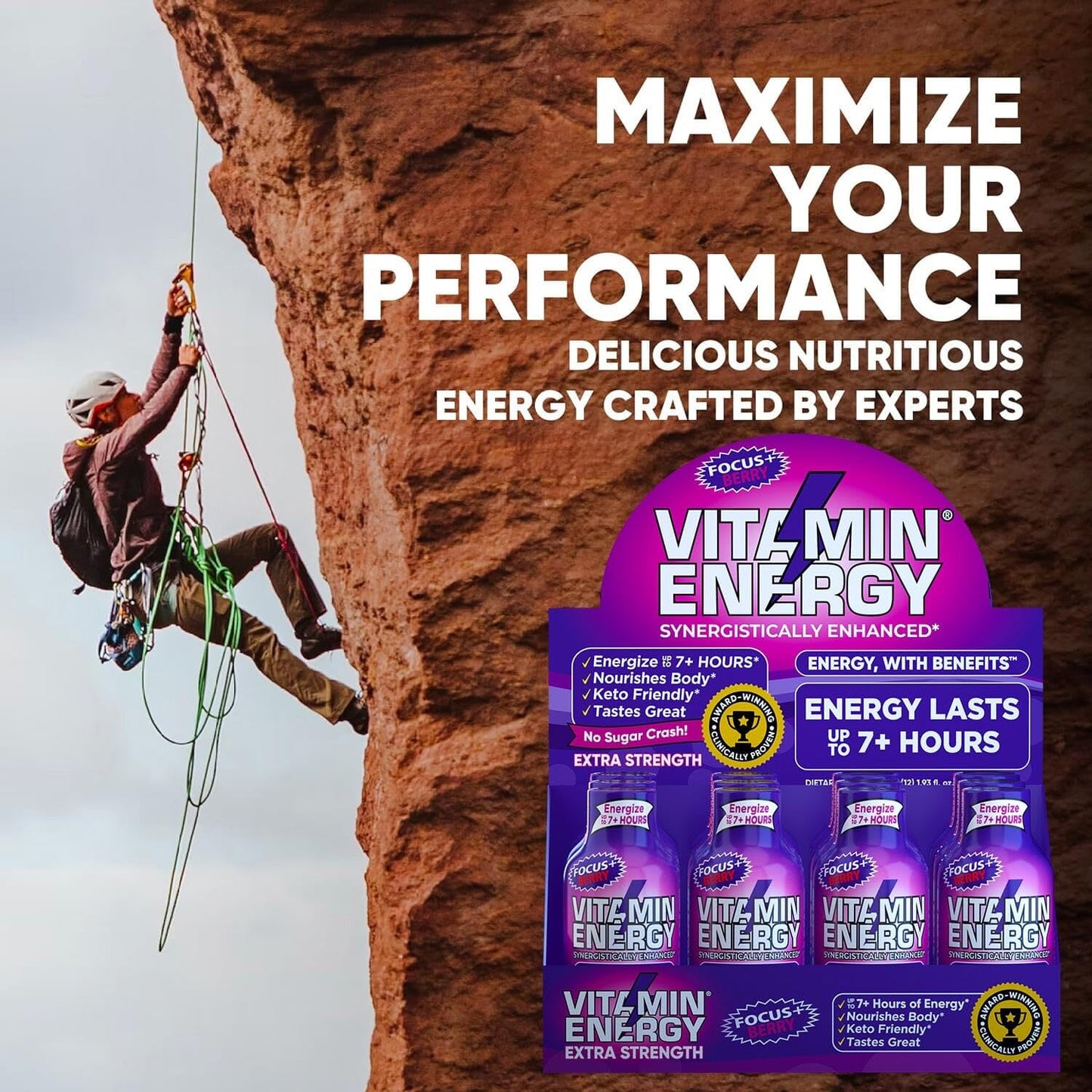 Berry Flavored Vitamin Energy Focus Shots - Natural, Sugar-Free, and Carb-Free Energy Drink with Vitamins B6, B12, Niacin, L-Theanine, and CoQ10 - 1.93 fl oz, 12 Ct - Energize for 7+ Hrs