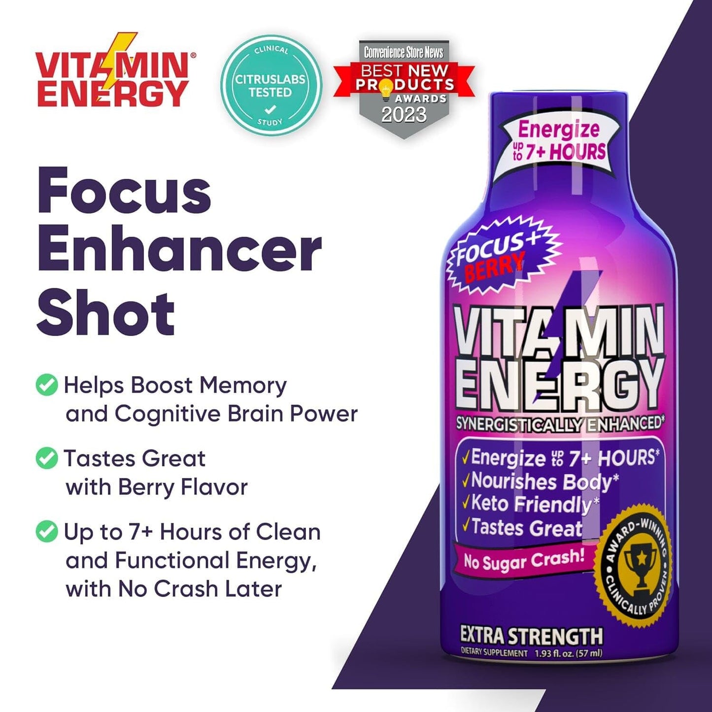 Berry Flavored Vitamin Energy Focus Shots - Natural, Sugar-Free, and Carb-Free Energy Drink with Vitamins B6, B12, Niacin, L-Theanine, and CoQ10 - 1.93 fl oz, 12 Ct - Energize for 7+ Hrs