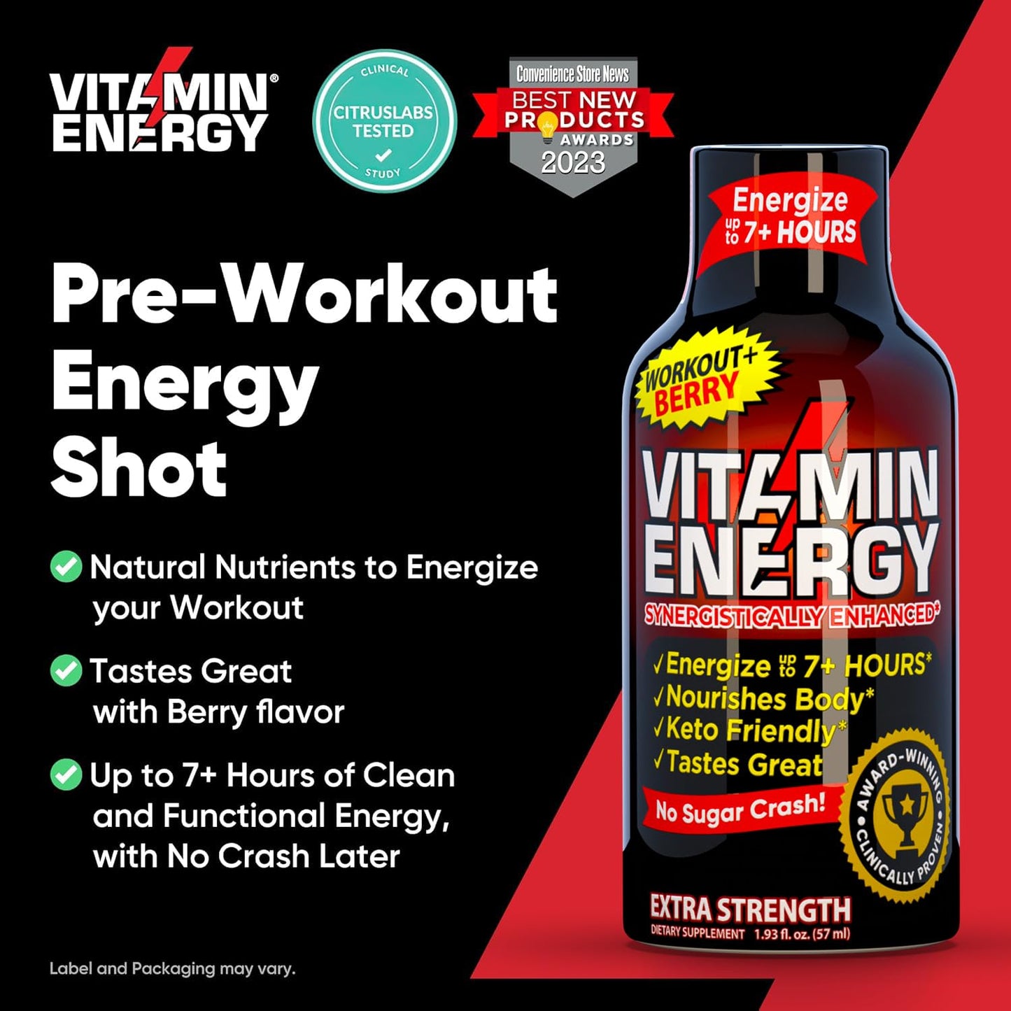 Berry Flavored Vitamin Energy Pre Workout Shots - Keto & Sugar Free - Clean Green Tea Caffeine with Endurance Blend - 7+ Hour Energy - 1.93 Fl Oz x 12
