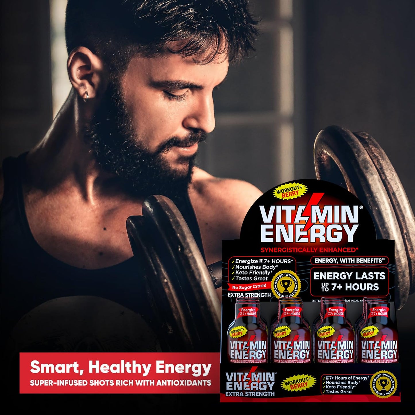 Berry Flavored Vitamin Energy Pre Workout Shots - Keto & Sugar Free - Clean Green Tea Caffeine with Endurance Blend - 7+ Hour Energy - 1.93 Fl Oz x 12