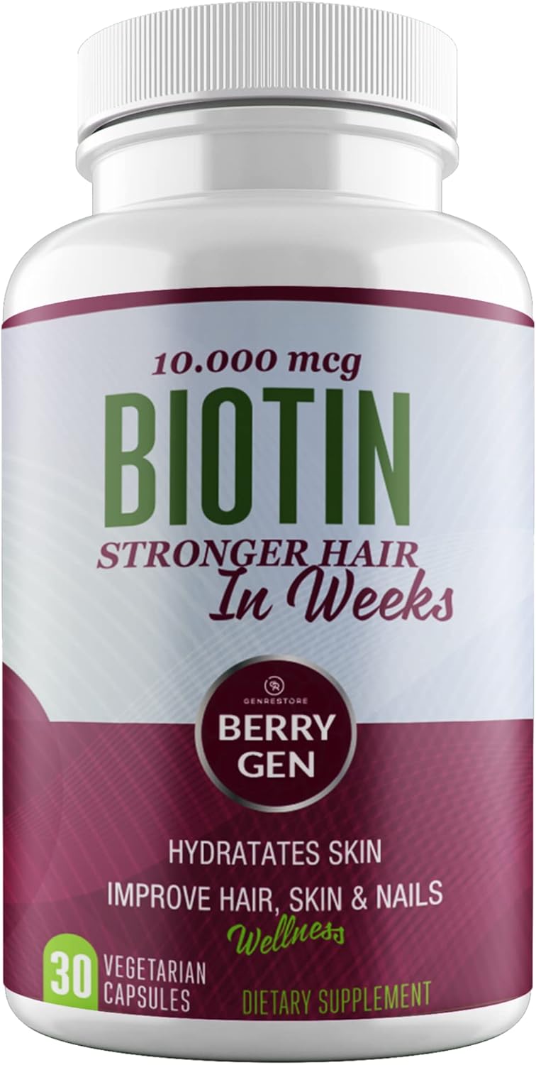 Berry Gen Biotin Supplement 10000 mcg Capsules - Hair & Skin Health Support - Moisturize Nails - 30 Count