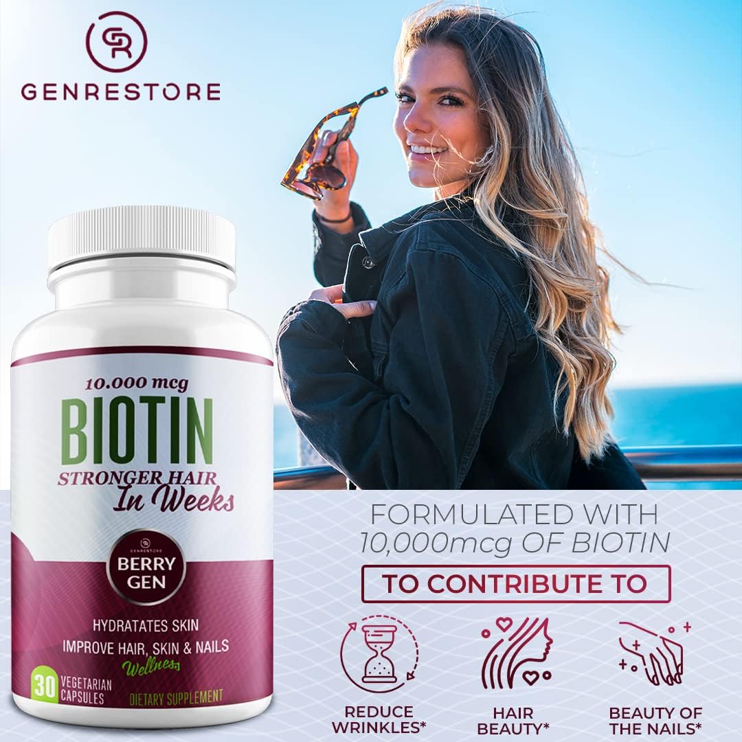 Berry Gen Biotin Supplement 10000 mcg Capsules - Hair & Skin Health Support - Moisturize Nails - 30 Count