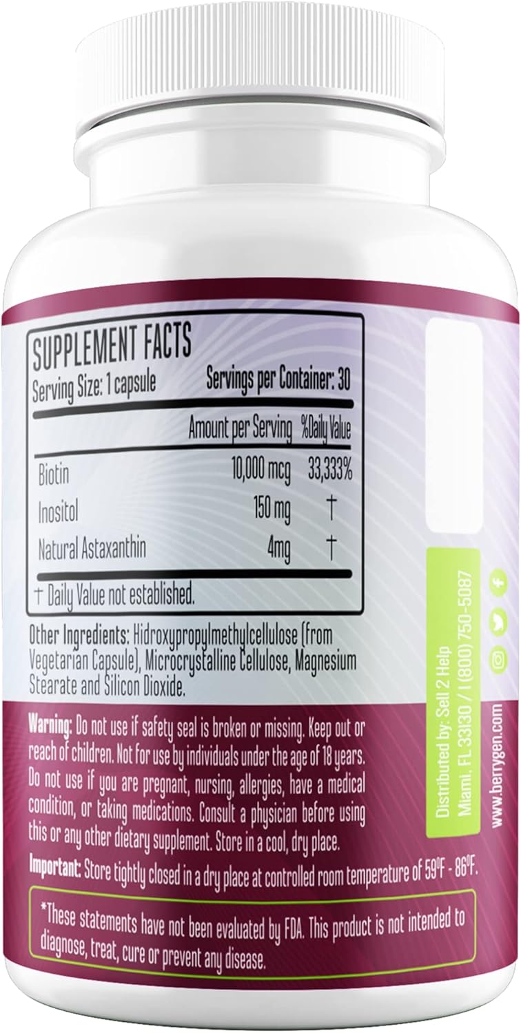 Berry Gen Biotin Supplement 10000 mcg Capsules - Hair & Skin Health Support - Moisturize Nails - 30 Count