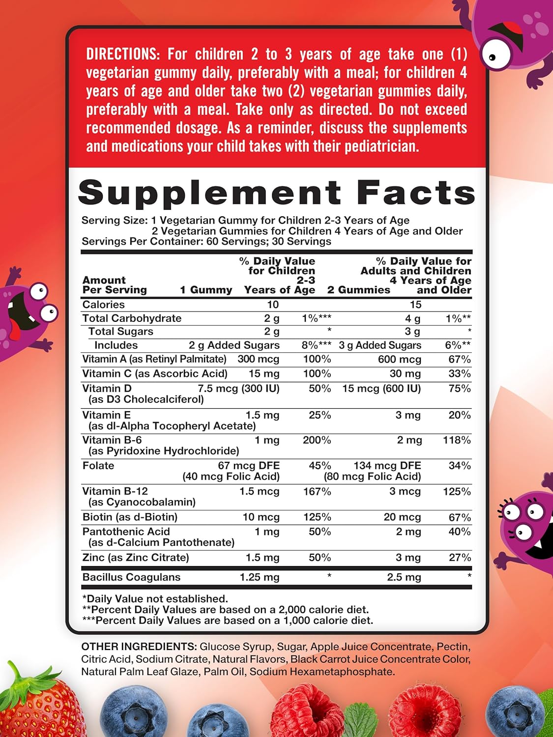Berry Punch Flavor Kids Multivitamin Gummies with Probiotics - 60 Count - Vegetarian, Non-GMO, Gluten Free