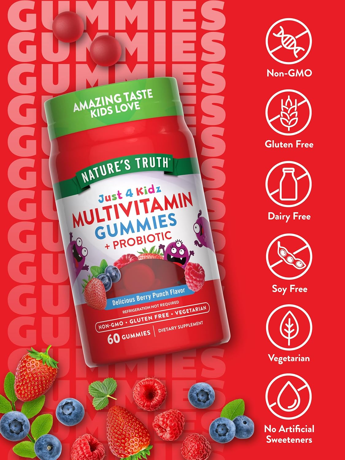 Berry Punch Flavor Kids Multivitamin Gummies with Probiotics - 60 Count - Vegetarian, Non-GMO, Gluten Free