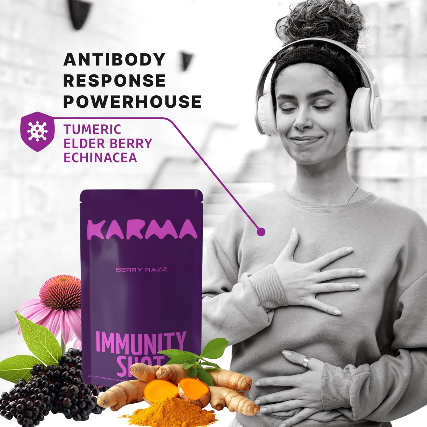 Berry Razz Immunity Shot with Echinacea, Elderberry, Turmeric, Vitamins C, B12, D - Convenient Wellness Boost - Karma Nutrition