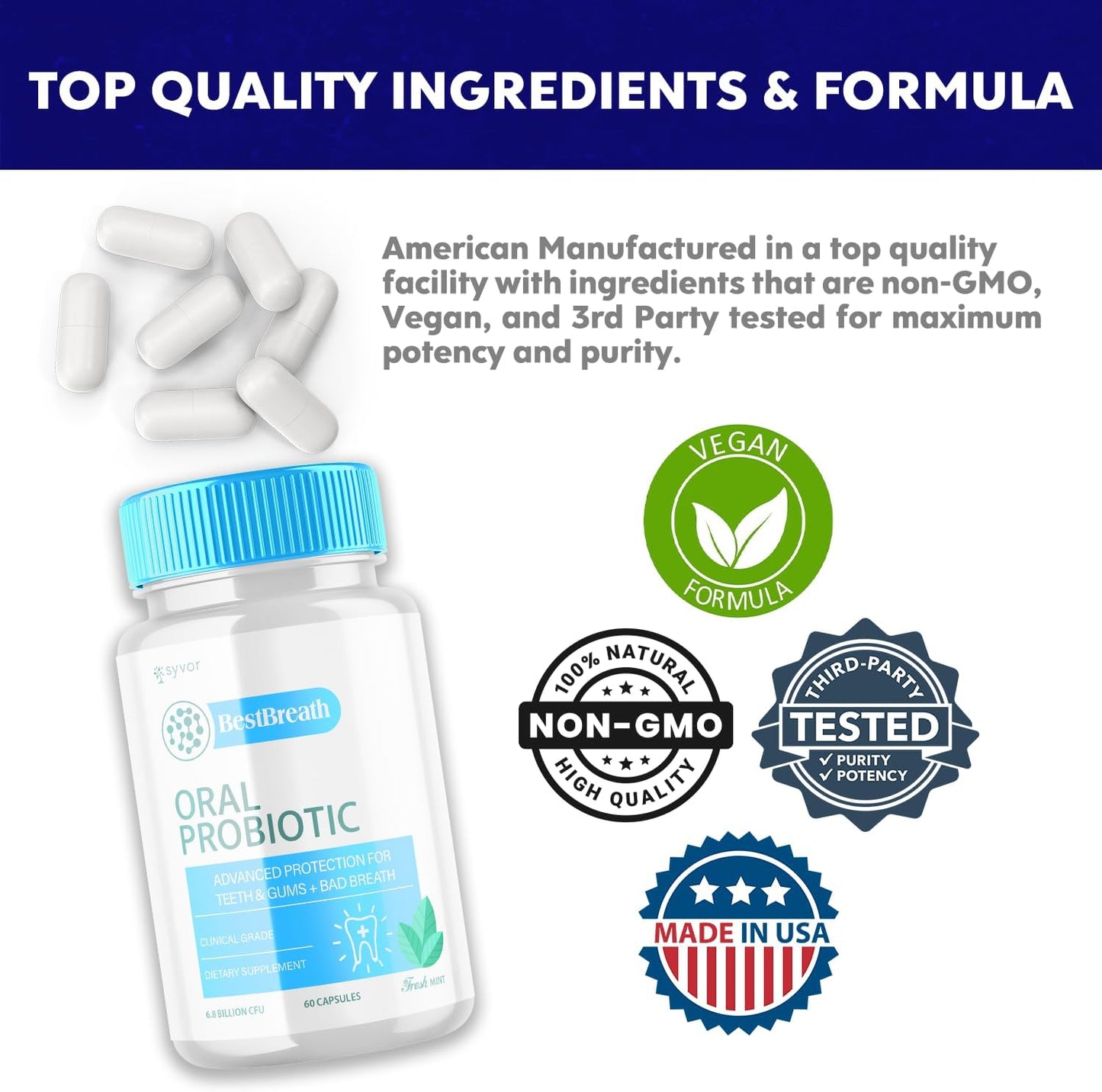 Best Breath Oral Probiotic Capsules for Healthy Gums and Teeth - All Natural Supplement (60 Capsules)