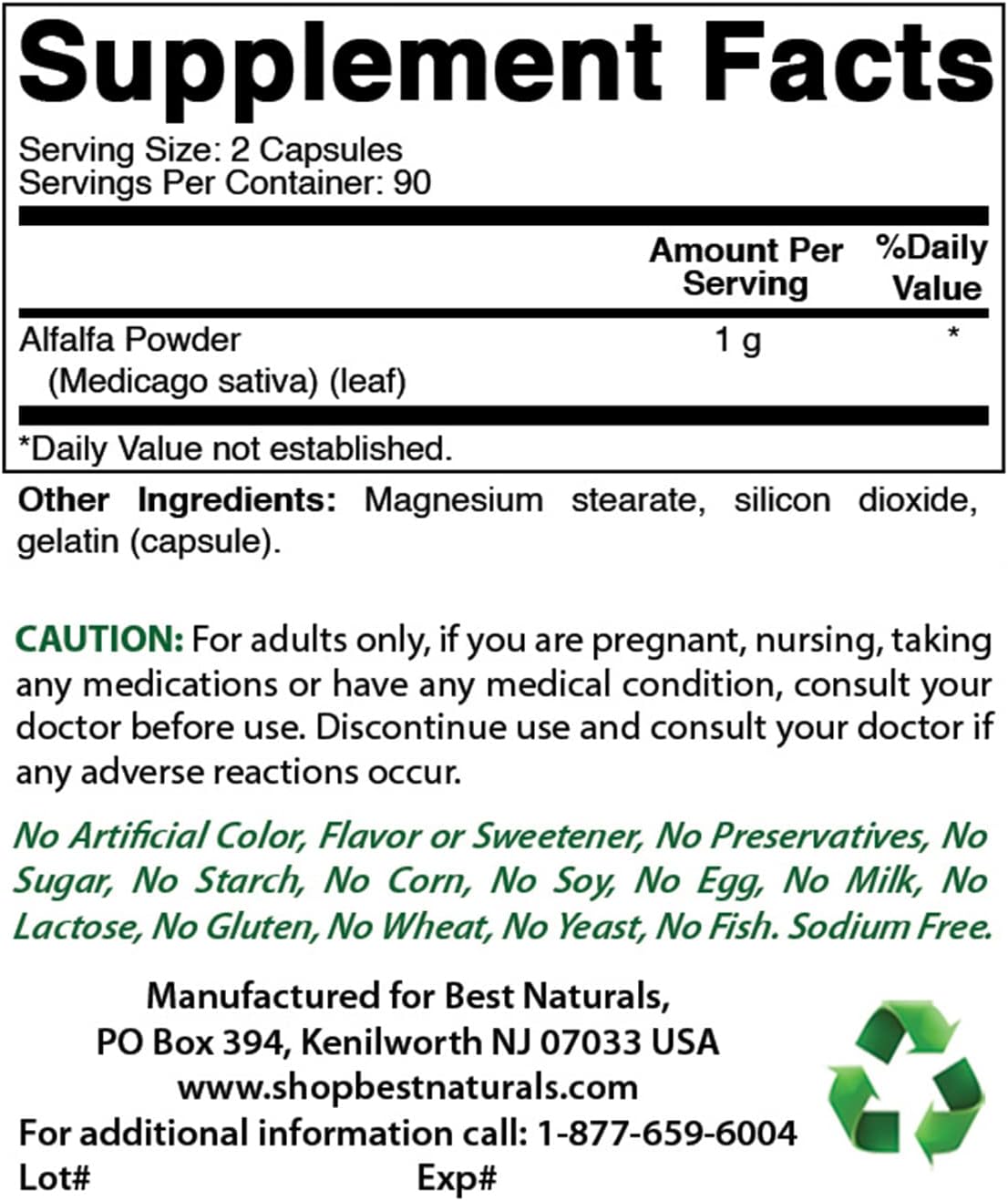 Best Naturals Alfalfa Green Super Food 500 mg - 540 Capsules in Total