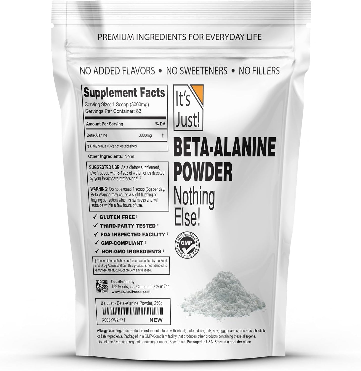 Beta-Alanine Powder - 250g Bulk Pre-Workout Supplement, Unflavored, 3000mg Per Serving