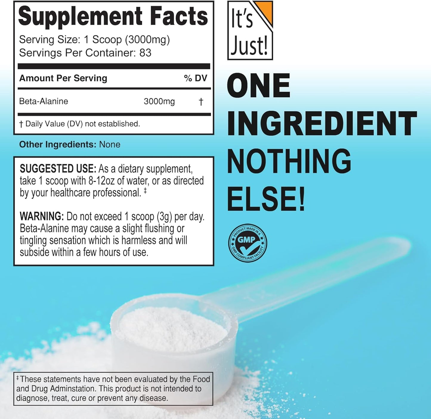 Beta-Alanine Powder - 250g Bulk Pre-Workout Supplement, Unflavored, 3000mg Per Serving