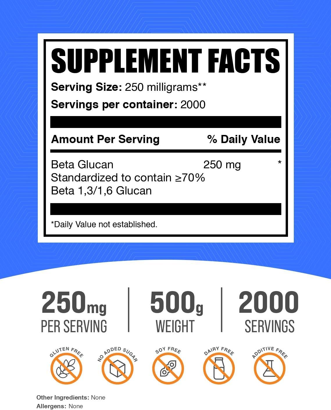 Beta Glucan Powder (1,3/1,6) - Immune Support & Fiber Supplement - 250mg Powder - 500g - 1.1lbs