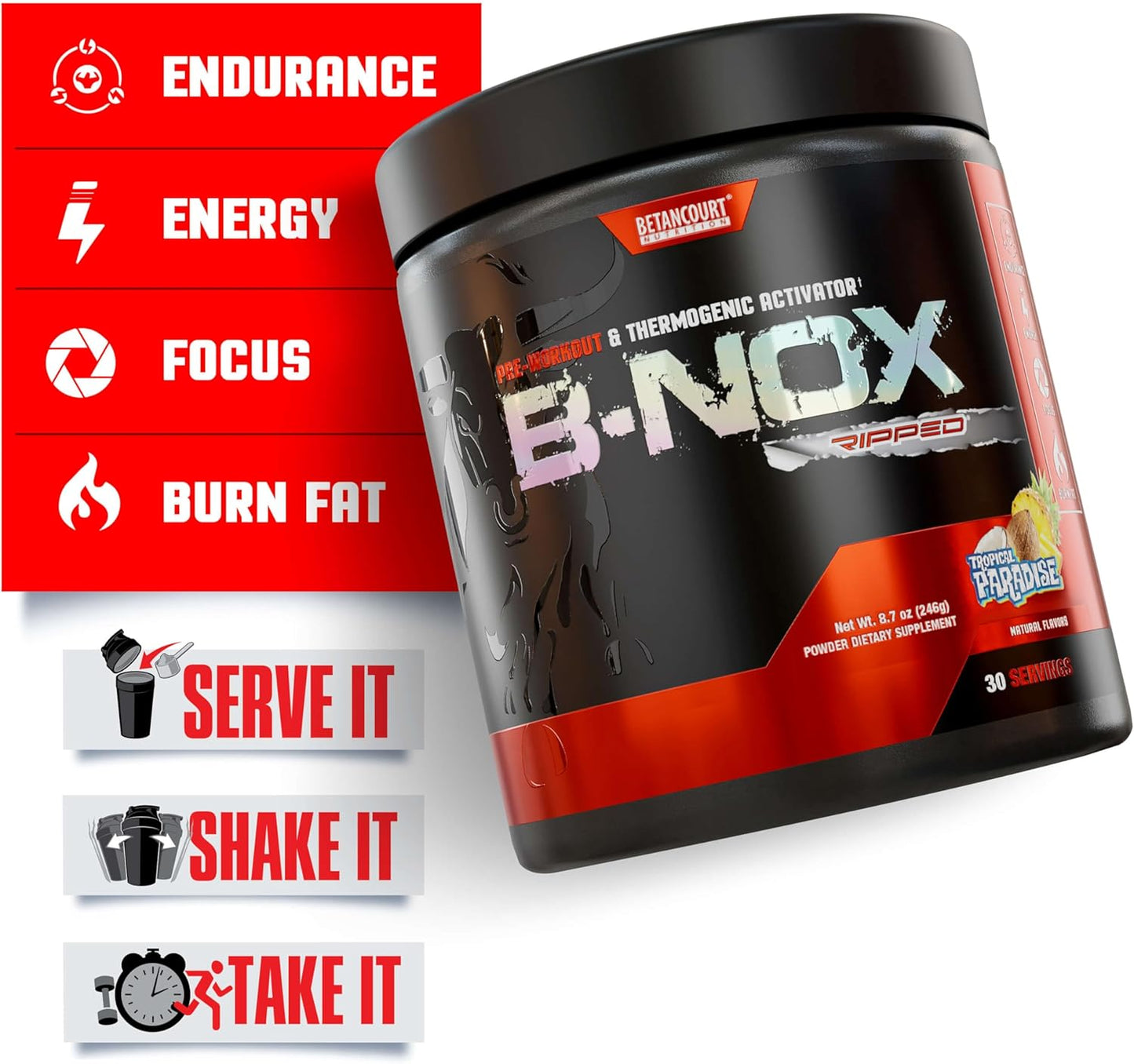Betancourt Nutrition B-Nox Pre Workout Thermogenic Activator with L-Carnitine and Beta Alanine for Endurance and Lean Muscle Gains - Tropical Paradise Flavor - 30 Servings