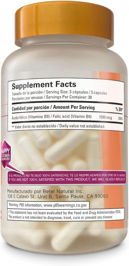 Betel Natural Premium Folic Acid Capsules 1000 mcg - 90 Count