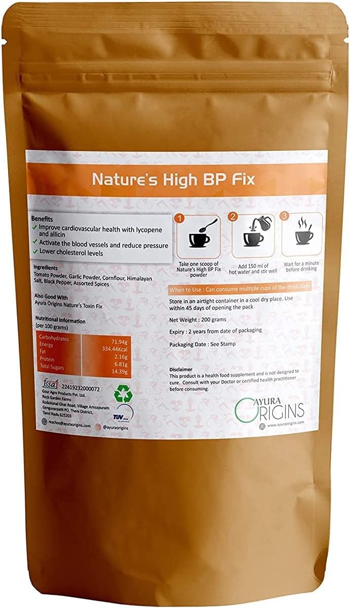 BETT AYURA Origins High BP Lowering Herbal Supplement - Heart Health Support - Pure Tomato & Garlic Powder - 200g