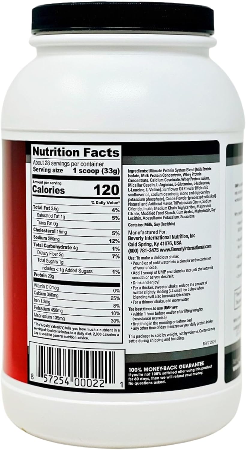 Beverly International UMP Chocolate Protein Powder - Lean Muscle Building with Whey-Casein Blend, Digestion Friendly (32.8 oz)