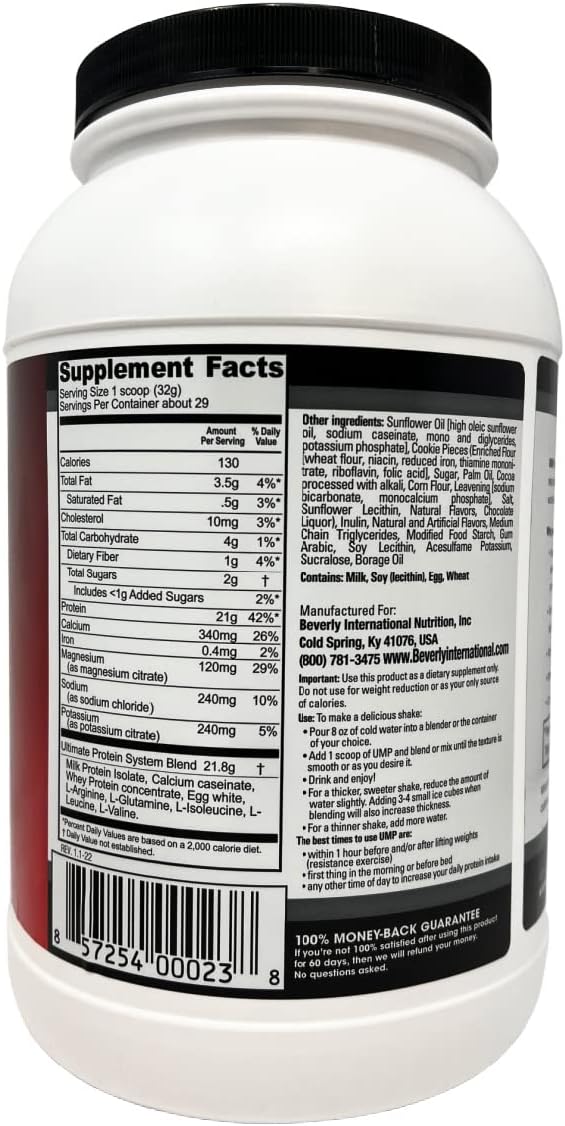 Beverly International UMP Cookies & Cream Protein Powder - Lean Muscle Building with Whey-Casein Ratio - Digestion Friendly (32.8 oz)
