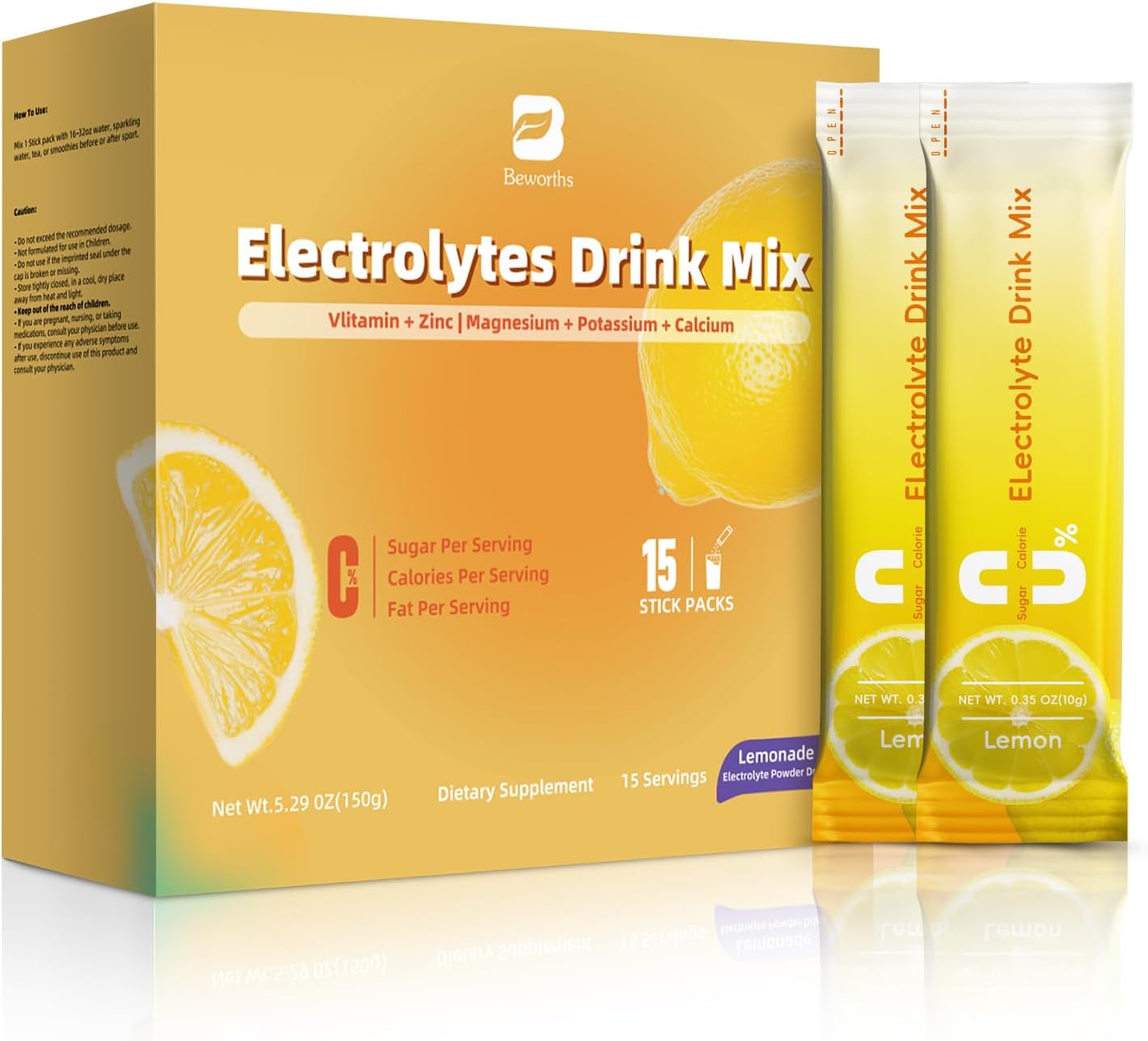 BEWORTHS Electrolyte Powder Mix with Potassium, Zinc & Magnesium - Sugar-Free Hydration Supplement - Keto & Non-GMO - 15 Packets