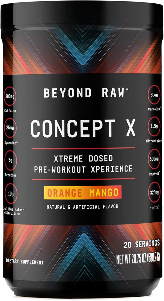 BEYOND RAW Concept X Orange Mango Pre-Workout Powder - 20 Servings with Caffeine, L-Citrulline, Creatine, and Beta-Alanine
