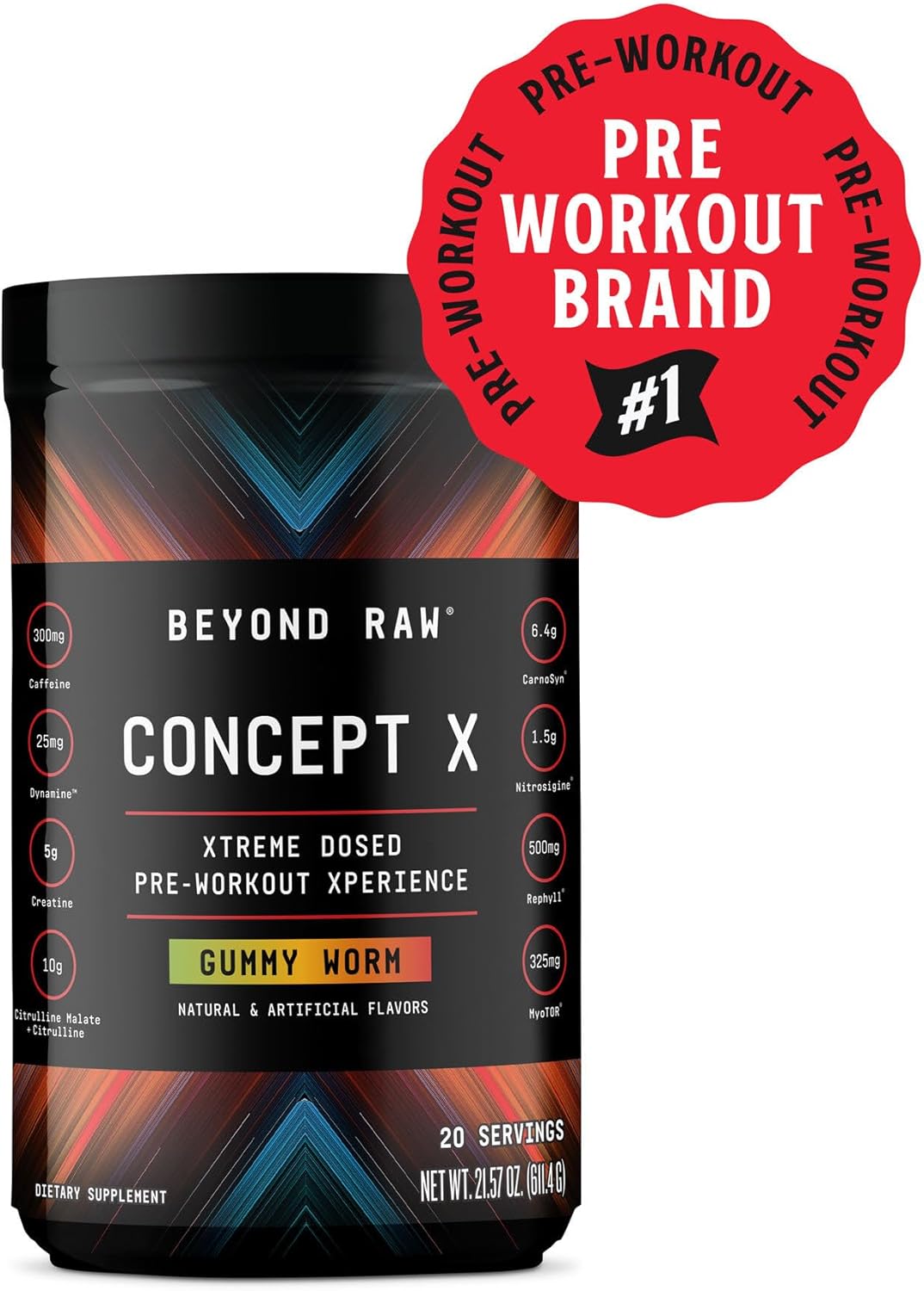BEYOND RAW Concept X Pre-Workout Powder - 20 Servings, Gummy Worm Flavor, Clinically Dosed with Caffeine, L-Citrulline, Creatine, and Beta-Alanine