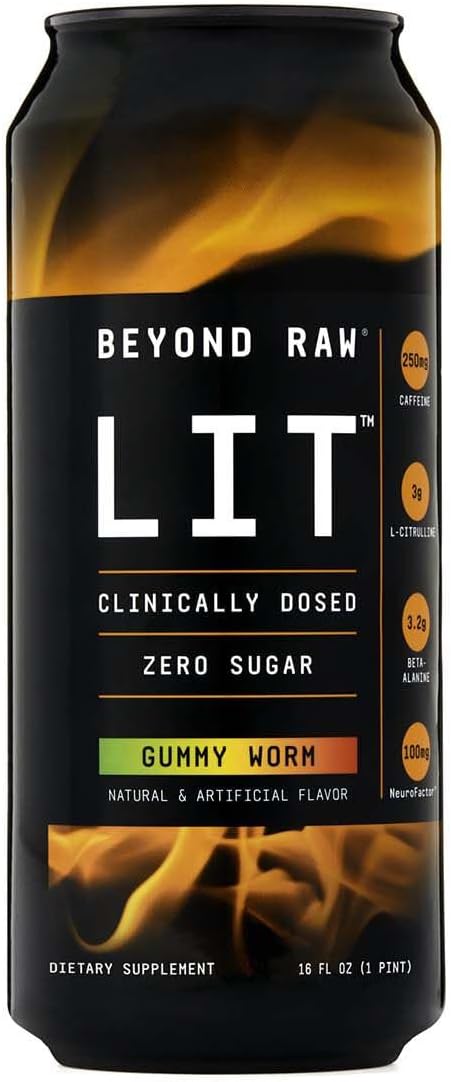 Beyond Raw LIT On The Go Ready to Drink Cans with Caffeine and Amino Acids - Gummy Worm Flavor 12 Pack