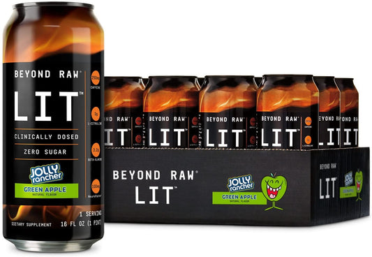 Beyond Raw LIT OTG Ready to Drink Pre Workout | Sugar Free | 12 Pack | Jolly Rancher Green Apple Flavor | With Caffeine, L-Citrulline, Beta-Alanine, and Nitric Oxide