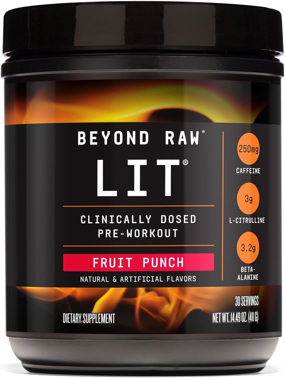 Beyond Raw Lit Pre-Workout Powder - Fruit Punch Flavor, 30 Servings with Caffeine, L-Citrulline, Beta-Alanine, and Nitric Oxide
