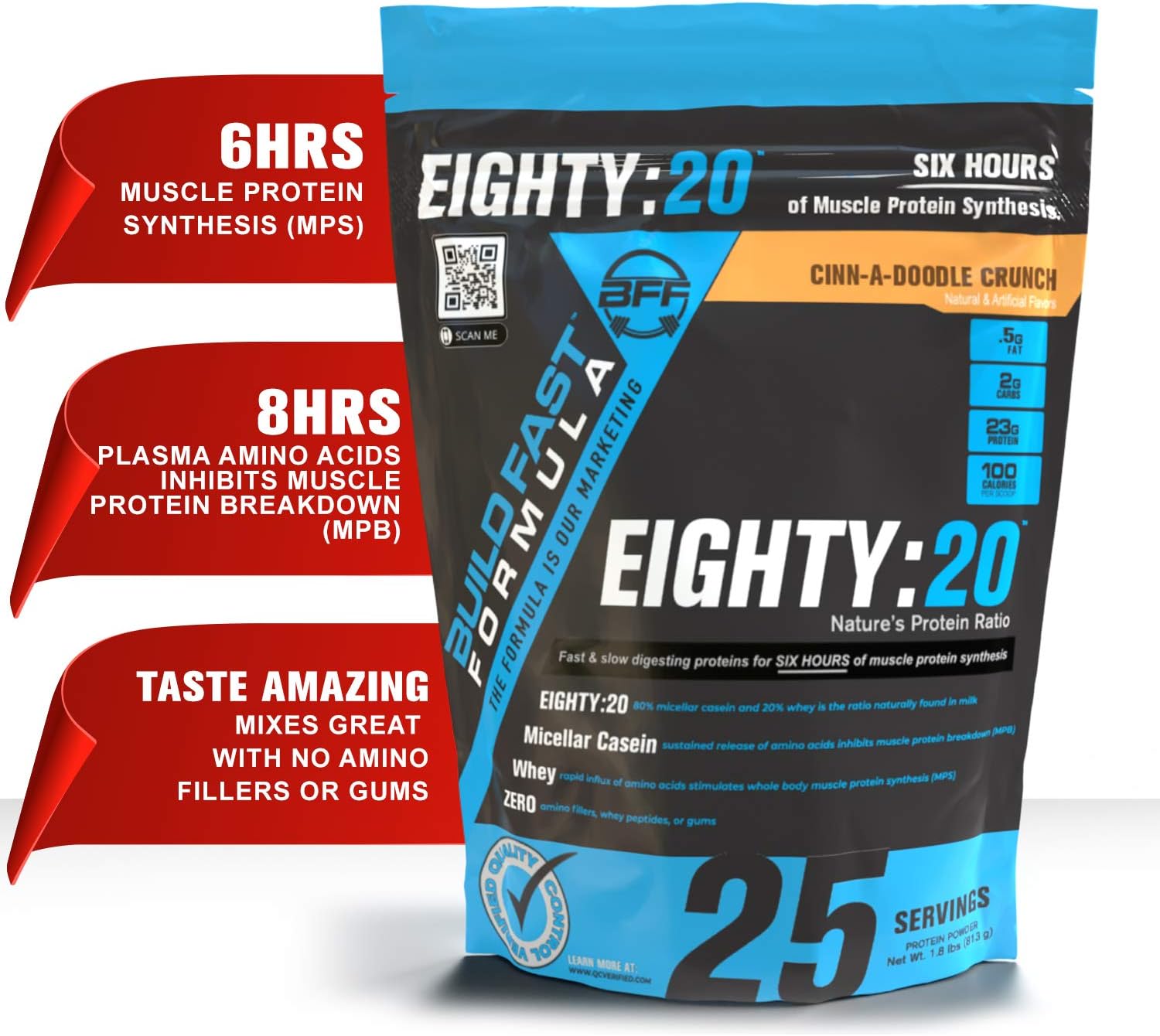 BFF Build Fast Formula Eighty:20 Protein Powder - Casein & Whey Blend for Muscle Protein Synthesis - Keto Friendly Cinn-A-Doodle Crunch Flavor