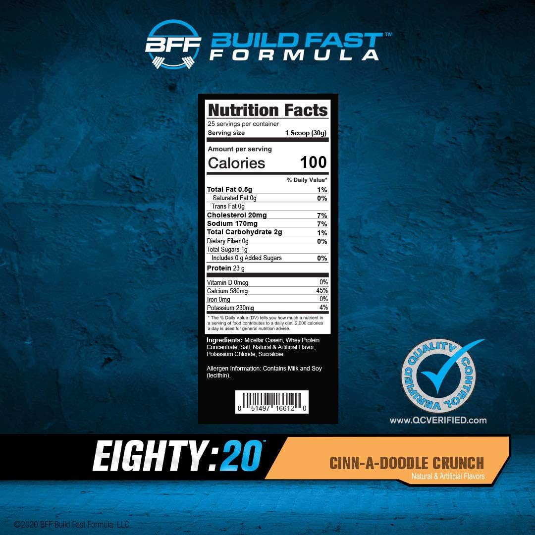 BFF Build Fast Formula Eighty:20 Protein Powder - Casein & Whey Blend for Muscle Protein Synthesis - Keto Friendly Cinn-A-Doodle Crunch Flavor
