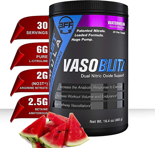 BFF VASOBLITZ Dual Nitric Oxide Pre Workout - NO3T Arginine Nitrate, L-Citrulline, Betaine Anhydrous - Caffeine Free for Muscular Endurance - Watermelon Flavor - 30 Servings