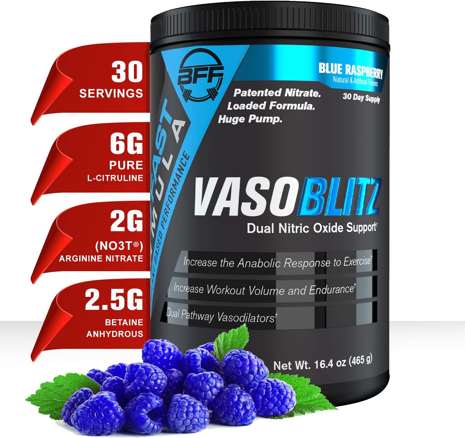 BFF VASOBLITZ Nitric Oxide Pre Workout - Award Winning Formula with NO3T Arginine Nitrate, L-Citrulline, Betaine Anhydrous, & More - Caffeine Free for Muscular Endurance - Blue Raspberry Flavor - 30 Servings