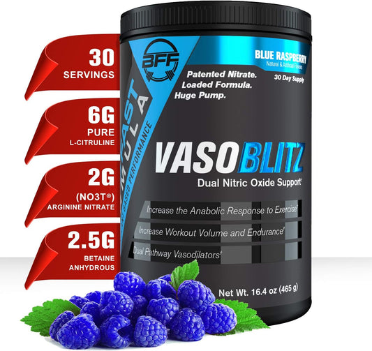 BFF VASOBLITZ Nitric Oxide Pre Workout - Award Winning Formula with NO3T Arginine Nitrate, L-Citrulline, Betaine Anhydrous, & More - Caffeine Free for Muscular Endurance - Blue Raspberry Flavor - 30 Servings
