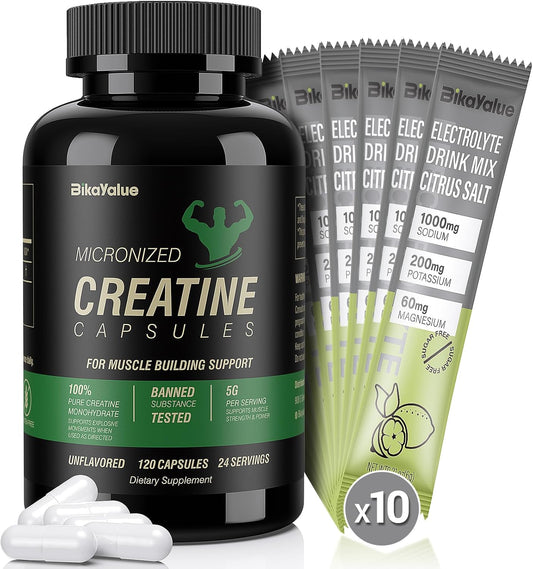 Bikayalue Creatine Capsules Bundle: 350 Capsules for Muscle Energy & Recovery, Gluten-Free for Men & Women, Electrolyte Combo Pack Included