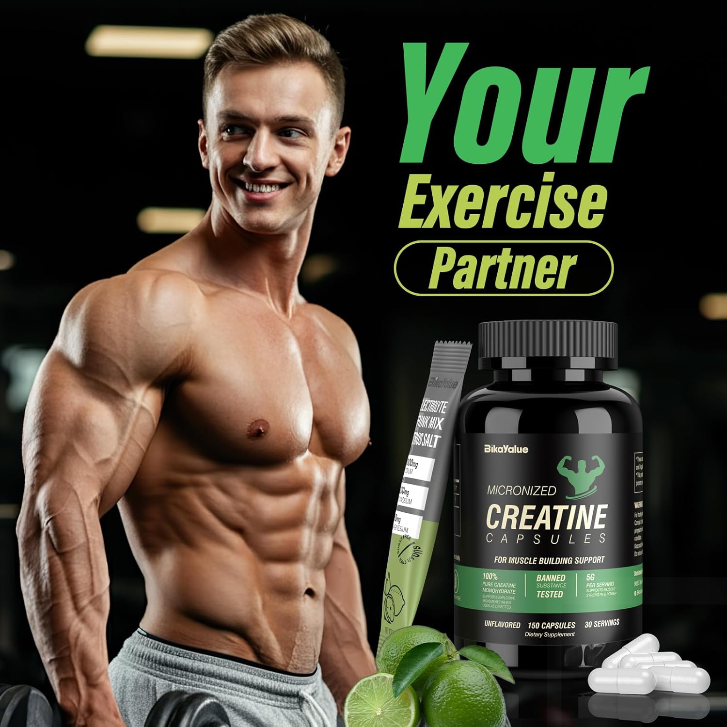 Bikayalue Creatine Capsules Bundle: 350 Capsules for Muscle Energy & Recovery, Gluten-Free for Men & Women, Electrolyte Combo Pack Included