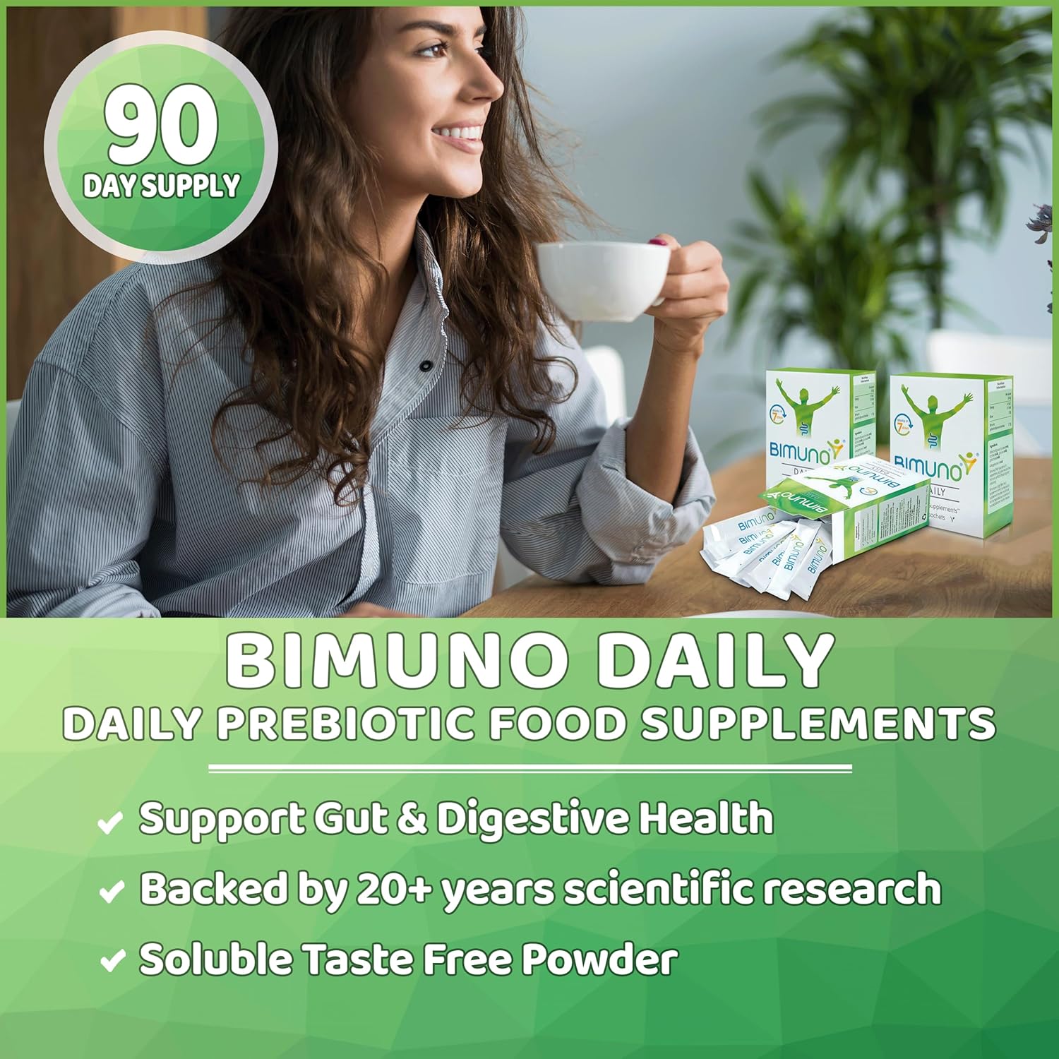 BIMUNO Original Prebiotic Supplements for Daily Gut Health - High Fiber, Vegetarian, Halal - 3 Pack (90 Sticks)