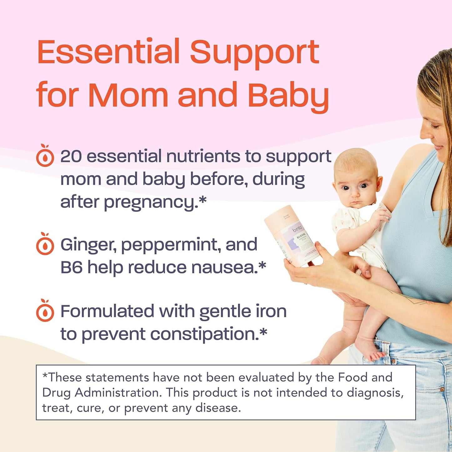 Binto Bloom Prenatal Supplements - 1 Month Supply - Multivitamin with Iron, Methylated Folate, & Folic Acid - Non GMO, Gluten Free, Vegetarian - Healthy Support for Mother & Baby