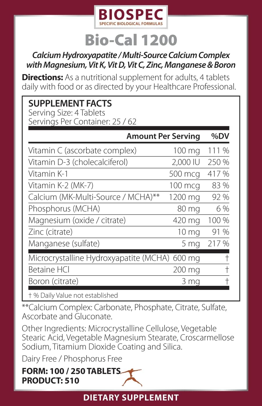 Bio-Cal 1200: Advanced Bone Support Complex with MCHA, Vitamin D3, K2, Magnesium, Zinc & More